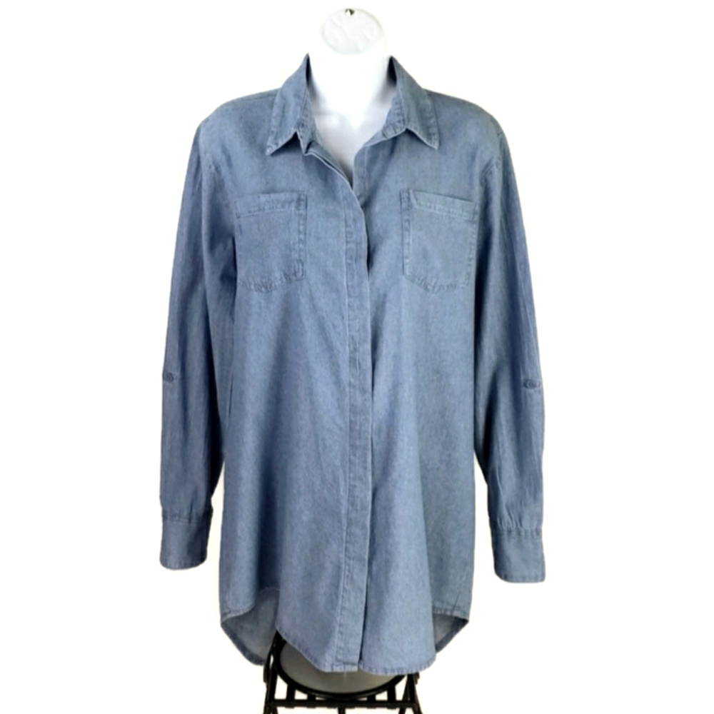 Taxi Light Wash Button Up Long Sleeve Split Tail Chambray Denim Shirt Womens L
